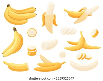 Cartoon bananas. Yellow banana in peel, cut slices and ready to eat. Exotic fruits bunch, vegetarian vitamin natural sweet food nowaday vector set