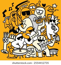 Cartoon band playing instruments joyfully. Cute hand drawn doodles , Illustration Vector