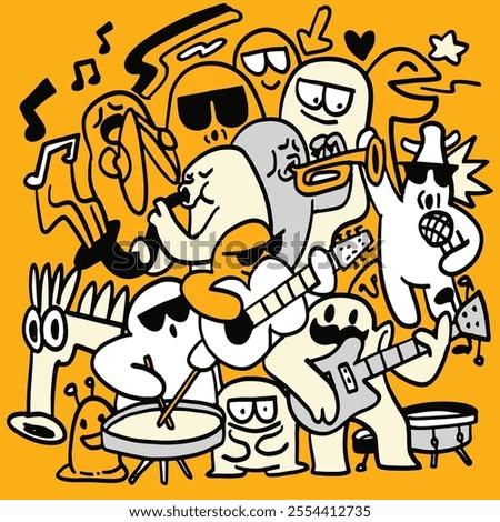 Cartoon band playing instruments joyfully. Cute hand drawn doodles , Illustration Vector