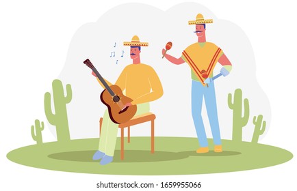 Cartoon Band in Traditional Mexican Costume Vector Illustration. Male Guitar Player in Sombrero Sing Song.   Hispanic Holiday.