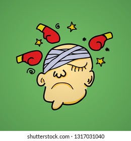 Cartoon of a bandaged man head with swirling stars and boxing glove for the concept: Boxer head injury. Vector illustration.