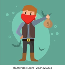 Cartoon bandit boy with money bag for Halloween, Vector