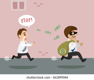 cartoon bandit  businessman stealing money from business man, vector, illustration  