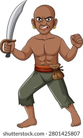 Cartoon bandit with sword, bald head, gold earrings, aggressive pose, isolated on white background