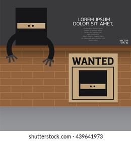 Cartoon bandit and wanted poster on wall background.