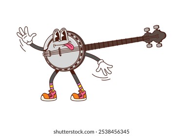 Caricatura de banjo groovy instrumento musical. Vector aislado arrancó personaje de fantasía con largo buitre y cuerdas tocando folk, country, música étnica. Instrumento sonriente vintage americano