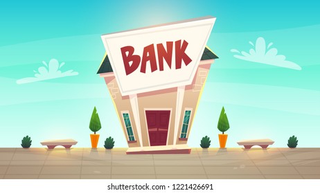 cartoon bank branch at city street illustration . happy financial business planing .  money of stock exchange finance vector. safe deposit box or credit