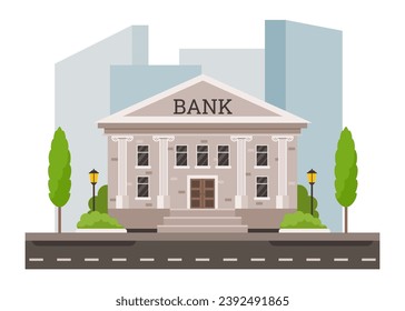 Cartoon bank building facade. City bank exterior architecture with columns, financial services and home of money flat vector illustration of exterior facade building