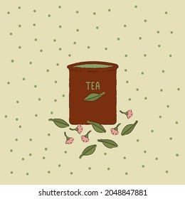 Cartoon bank card with leaves and flowers. Doodle Poster for a tea party. Hand-drawn vector pattern with flower tea. Vector illustration