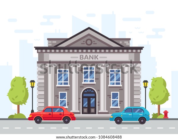 Cartoon bank or government building,\
courthouse with roman columns. Money loan house in cityscape with\
cars on street vector\
illustration
