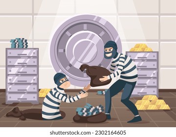 Cartoon bank robbery. Robbers steal money, gold reserves and savings from bank vault vector illustration of bank and criminal thief, crime robbery