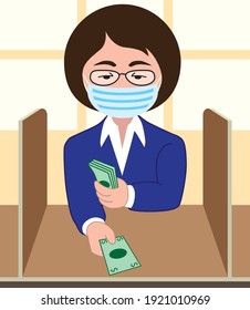 A Cartoon Bank Teller Is Doing Her Job While Wearing A Face Mask