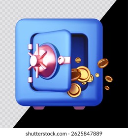 Cartoon Bank Vault. Safe. 3d opened bank vault with gold coins. 3D render style on transparent background. For dark and bright backgrounds.