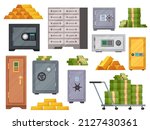 Cartoon bank vault safes, gold bars and money in stacks. Steel lockers, deposit boxes with code locks. Banks currency security vector set. Illustration of bank safe, money cash and gold