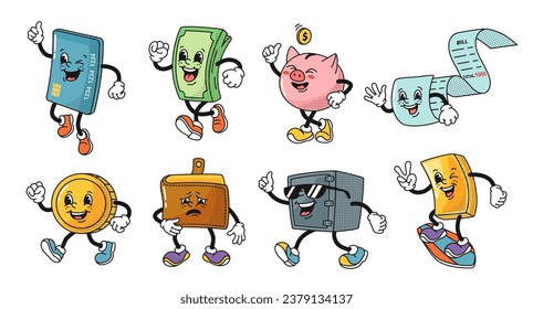 Cartoon banking mascots. Money, bank card, wallet and safe characters in retro 1930s rubber hose animation style. Isolated vector illustration set of finance money cartoon, card bank mascot