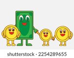 Cartoon banknote and coins vector illustration. Teaching financial literacy for kids, families. Saving budget explanation. Bank deposits growth. Financial system explain. Importance of home savings.