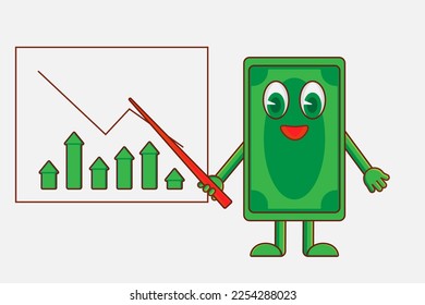 Cartoon banknote shows a graph of finance growth on chalk board with pointer. Teaching financial literacy for kids, families. Saving budget explanation. Bank deposits growth. Financial system explain.