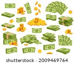 Cartoon banknotes and coins. Green dollar bill packs, bundles, stacks and piles. Flying banknote and falling gold coin. Bank cash vector set. Illustration stack pile of cash dollar, money finance