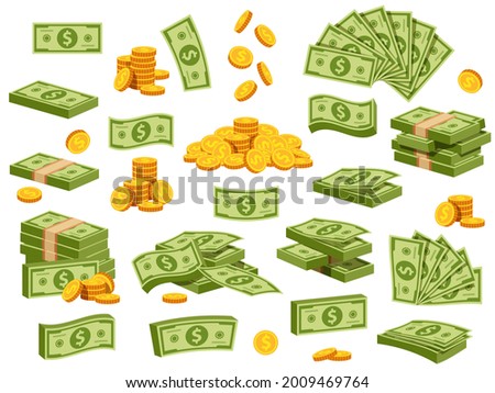 Cartoon banknotes and coins. Green dollar bill packs, bundles, stacks and piles. Flying banknote and falling gold coin. Bank cash vector set. Illustration stack pile of cash dollar, money finance