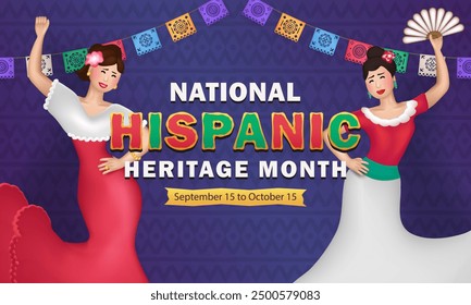 Cartoon banner with 3d female in Hispanic attire performing Latin dance, celebrating National Hispanic Heritage Month, with colorful papel picado overhead on purple background with traditional pattern