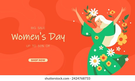 Cartoon banner big sale for women's day. A happy woman surrounded by flowers.