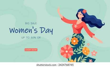 Cartoon banner big sale for women's day. A happy woman surrounded by flowers.