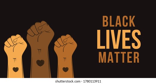 Cartoon banner for Black Lives Matter protest in USA  Stop violence to black people  Fist symbol and heart dark background  Hand draw  Vector Illustration  EPS 10