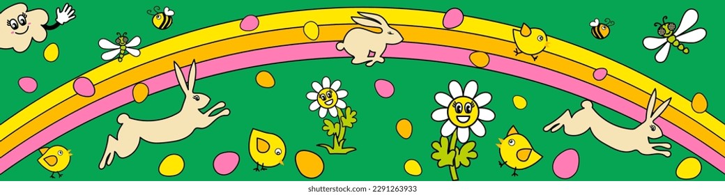 Cartoon banner with bunny, flowers and eggs. Egg hunt poster. Spring, summer sale background, vector illustration. Modern illustration with cute comic characters.