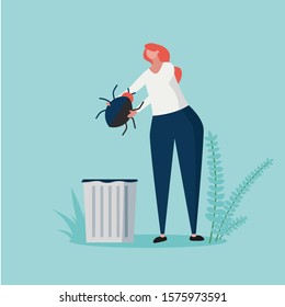 Cartoon banner business concept of virus computer, data protection, antivirus, hacker attack. Brave woman cleaning from bugs and mite. Tick-borne Encephalitis. Cleaning from errors and virus