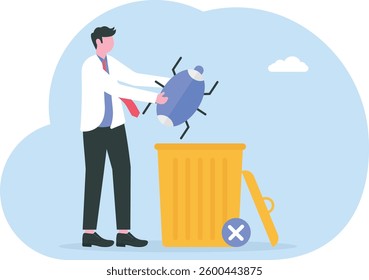 Cartoon banner business concept of virus computer, data protection, antivirus, hacker attack. businessman cleaning from bugs and mites. 

