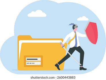 Cartoon banner business concept of virus computer, data protection, antivirus, hacker attack. a man with a shield protects personal data from bugs. Cleaning files. Virus hacker attack

