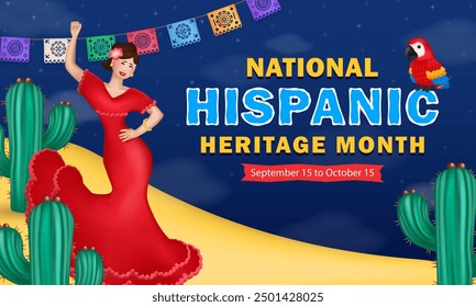 Cartoon banner or card with ethnic paper flags, 3d cute Macaw (Ara) parrot, Flamenco female dancer in traditional red dress among cacti in a dessert scene at night and text - Hispanic Heritage Month