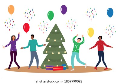 
Cartoon banner of cheerful multiracial people who celebrate Christmas near the Christmas tree with gifts. Happy New Year! Winter holiday party. Romantic flat vector. Family history. Family fun. 