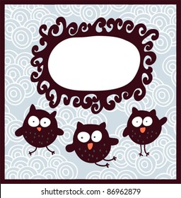 Cartoon banner and cute owls. Vector doodle illustration.