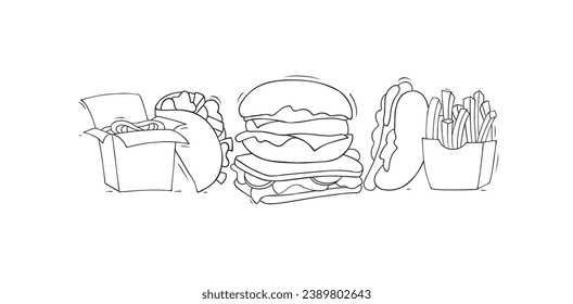 Cartoon banner with fast food. Doodle cute icons - with sandwich, potatoб hotdog, taco. Hand drawn vector illustration for menu design.