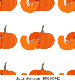 Cartoon banner with flat pumpkin seamless on white background. Holiday art. Fall season. Vegetarian healthy food. Thanksgiving celebration.