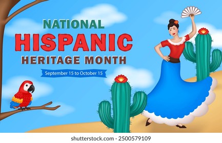 Cartoon banner, greeting card with 3d cute Macaw parrot,  female Flamenco dancer in traditional dress with fan among cacti in dessert and text - Hispanic Heritage Month. Latin America culture concept