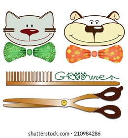Cartoon banner for groomer with cat and dog