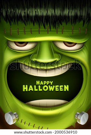 cartoon banner for halloween with frankenstein face