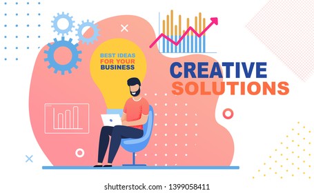 Cartoon Banner with Lettering Creative Solution. Caucasian Bearded Man, Freelancer, Worker Sits on Chair Using Laptop. Huge Light Bulb with Text Best Idea for your Business. Vector Flat Illustration