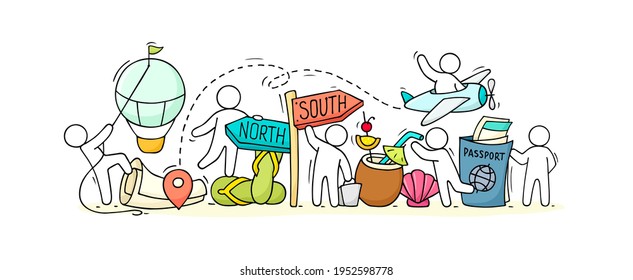 Cartoon banner - little people traveling. Doodle cute collection about transportation, journey. Hand drawn cartoon vector illustration for vacation design.