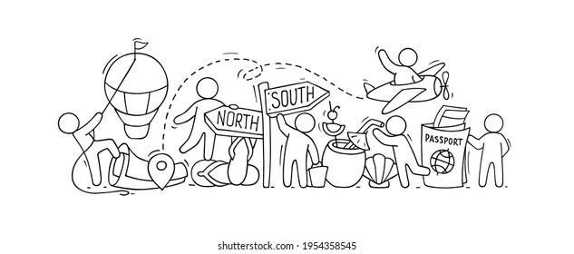 Cartoon banner - little people traveling. Doodle cute collection about transportation, journey. Hand drawn cartoon vector illustration for vacation design.