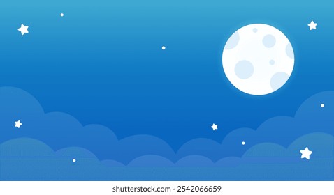 Cartoon banner with night sky, full moon, clouds and start. Simple vector clip art illustration.