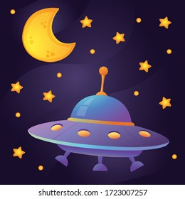 Cartoon Banner auf dunklem Hintergrund mit Sternenhimmel, Mond und Fufo. Futuristische Technologie Concept Art. Vektorgrafik für flaches Grafikdesign Poster, Karte oder Banner. 
