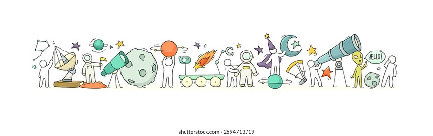 Cartoon banner of sketch little people with space objects. Doodle cute workers with cosmic elements. Hand drawn vector illustration for astronomy design.