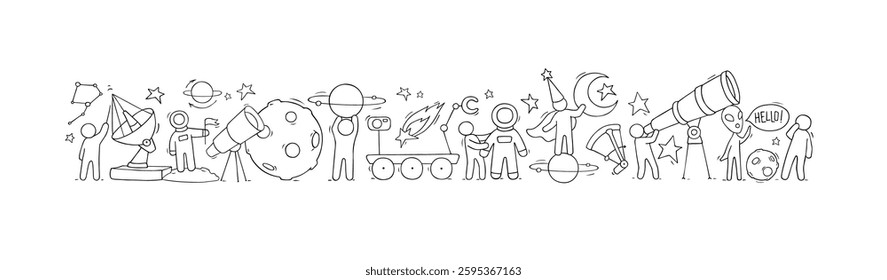 Cartoon banner of sketch little people with space objects. Doodle cute workers with cosmic elements. Hand drawn vector illustration for astronomy design.