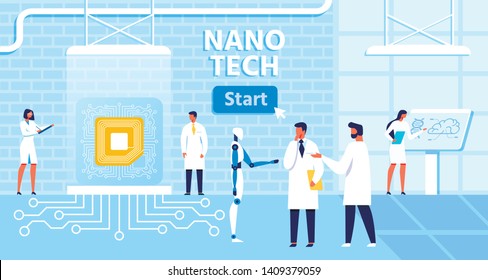 Cartoon Banner with Start Button for Presentation Nano Tech Laboratory and Effective, Successful People and Robot Collaboration. Nanotechnology and Genetic Engineering Development Vector Illustration