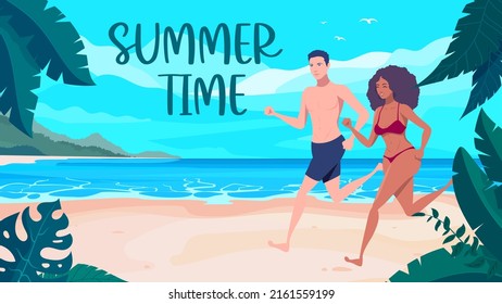 Cartoon banner summer time. A girl and a guy are running along a tropical beach.