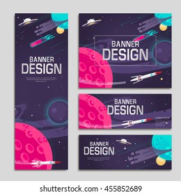 cartoon banner template design set with outer space scenery