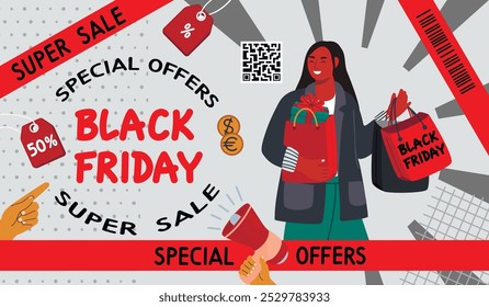 Modelo de banner de desenhos animados com garota das compras. Escrito à mão Black Friday, Super Sale, mãos, etiquetas, megafone, moedas, QR code, textures.Happy personagem com bolsas e presentes.Vetor ilustração de cor plana.  